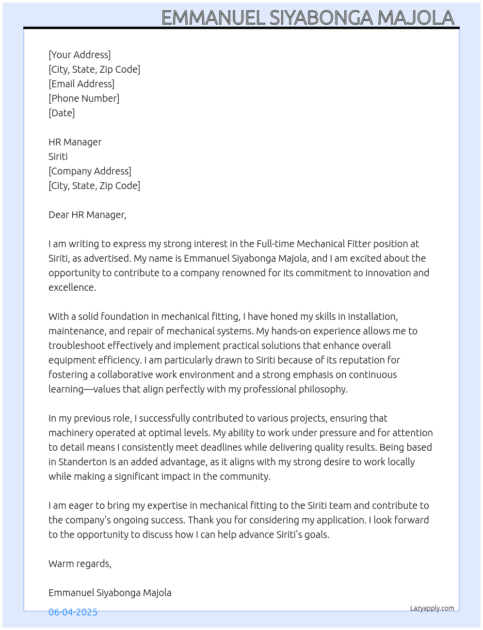 Mechanical Fitter  At Siriti  Cover Letter