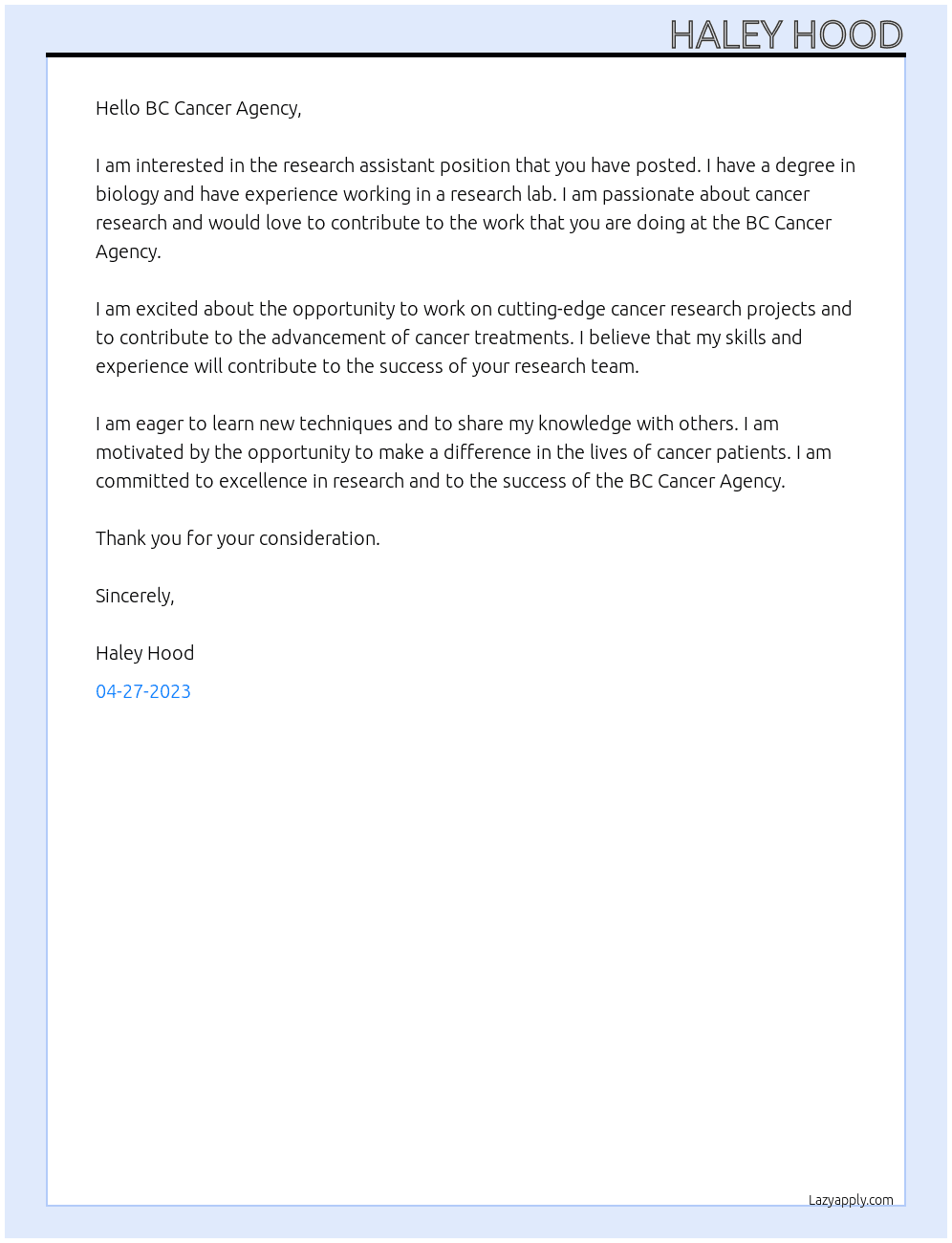 Research assistant At BC Cancer Agency Cover Letter