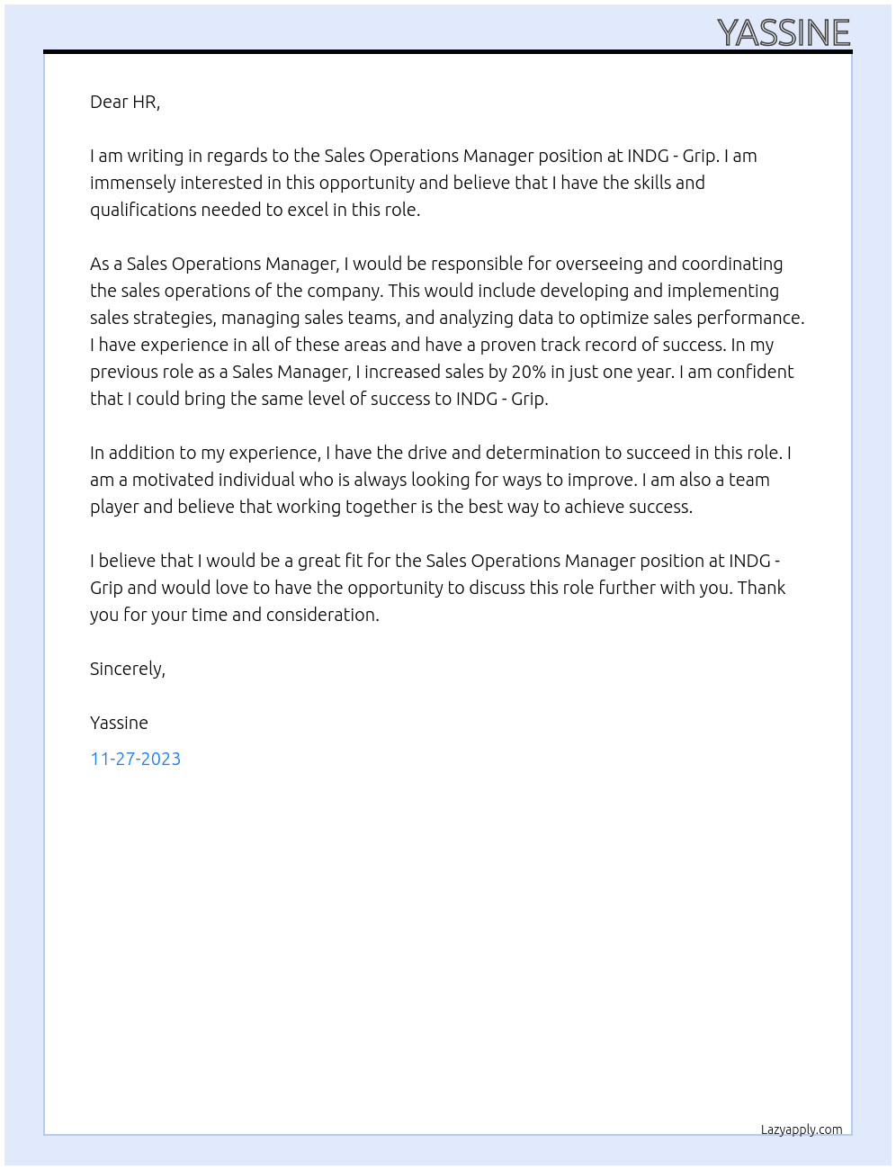 Sales Operations Manager At INDG - Grip Cover Letter