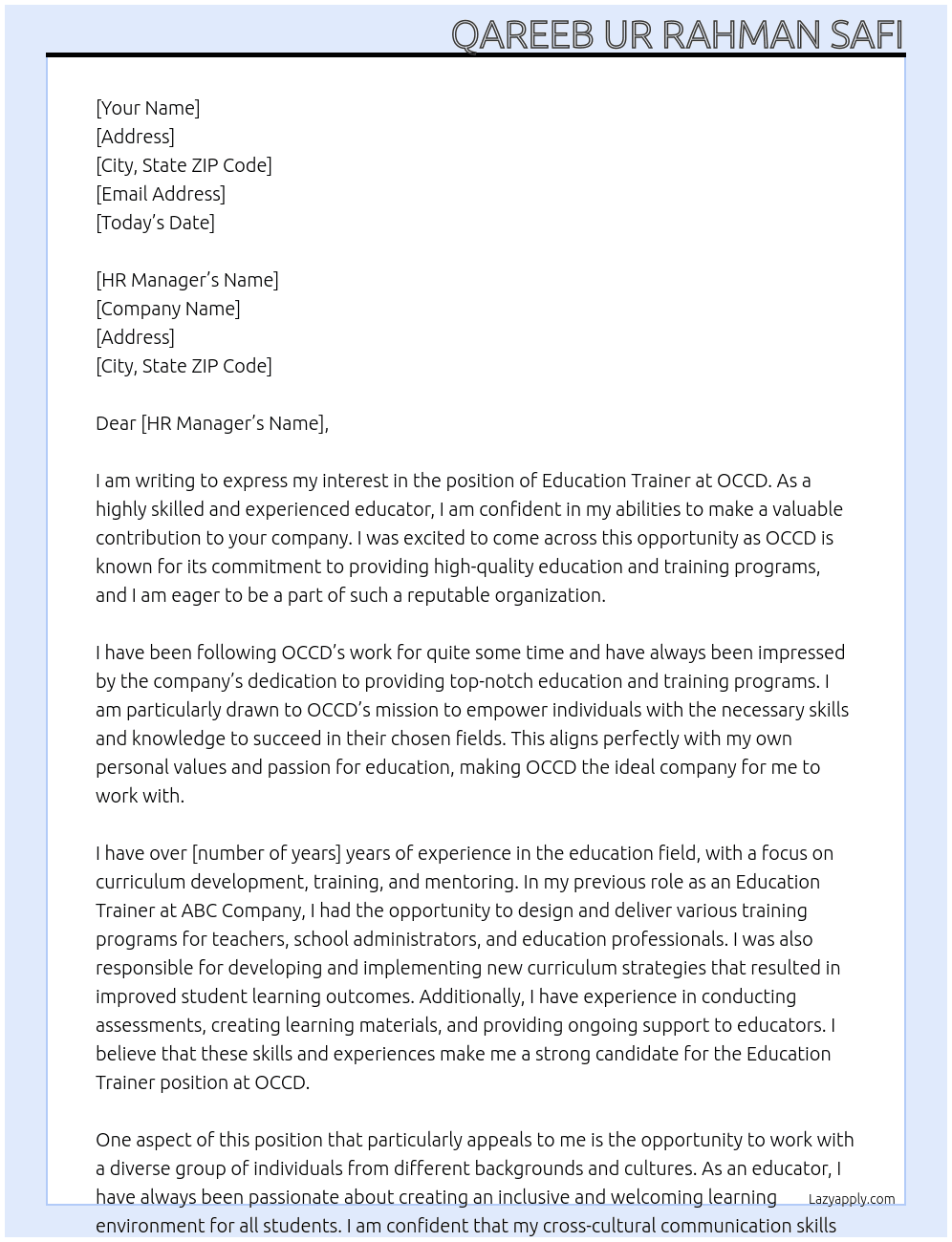 Education trainer  At OCCD Cover Letter
