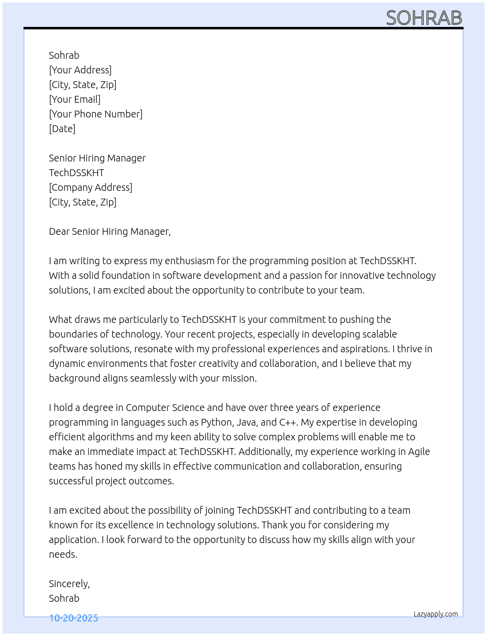 Cover letter for programming - LazyApply