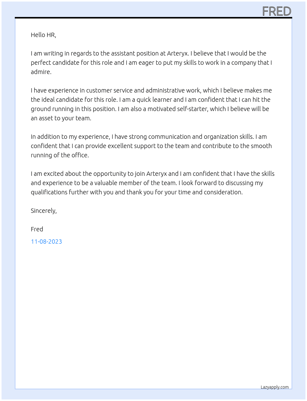Assistant At Arteryx Cover Letter