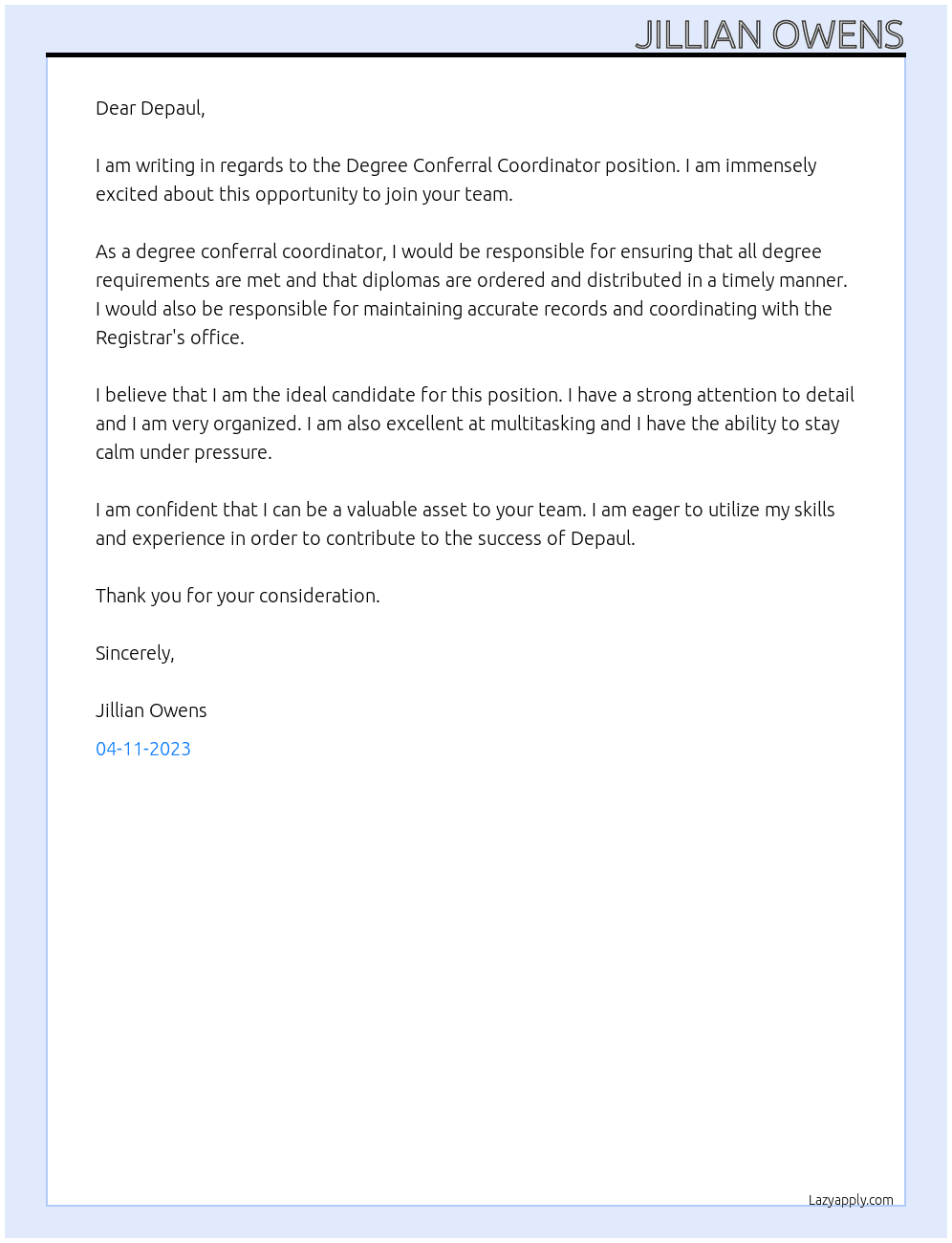 Degree Conferral Coordinator At Depaul Cover Letter