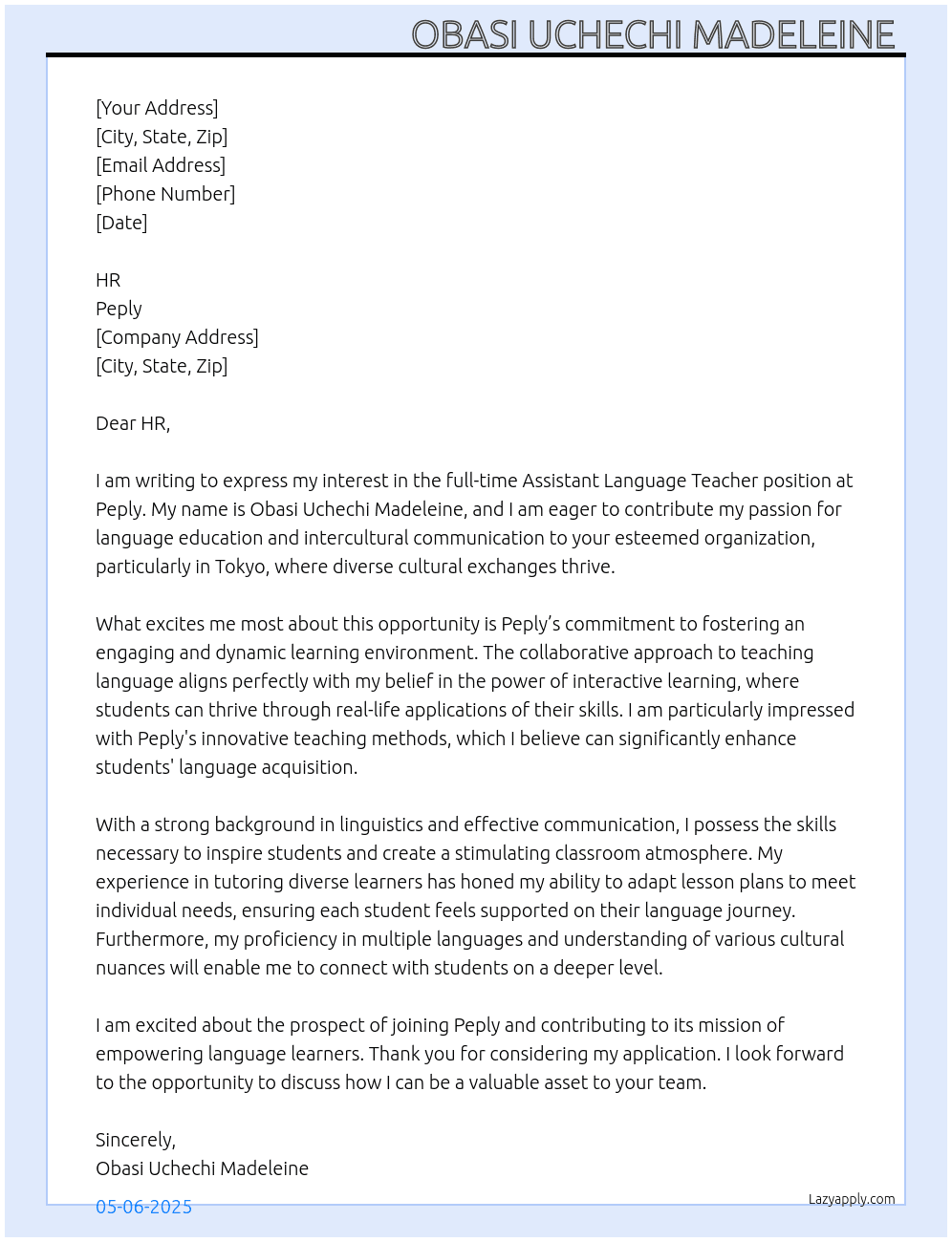 Assistant language teacher  At Peply Cover Letter