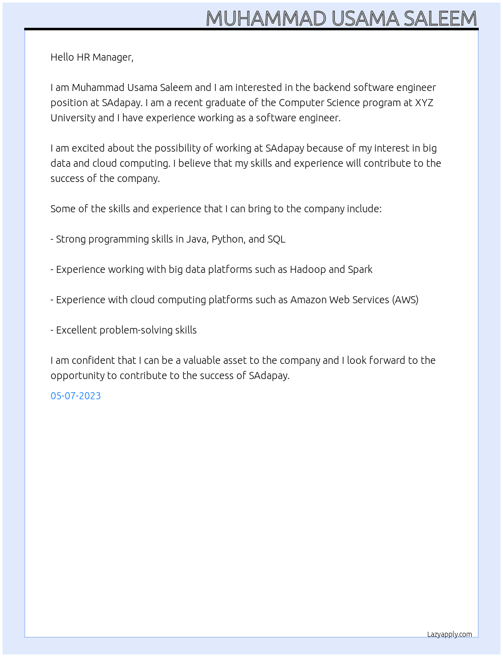 Backend Software Engineer At SAdapay Cover Letter