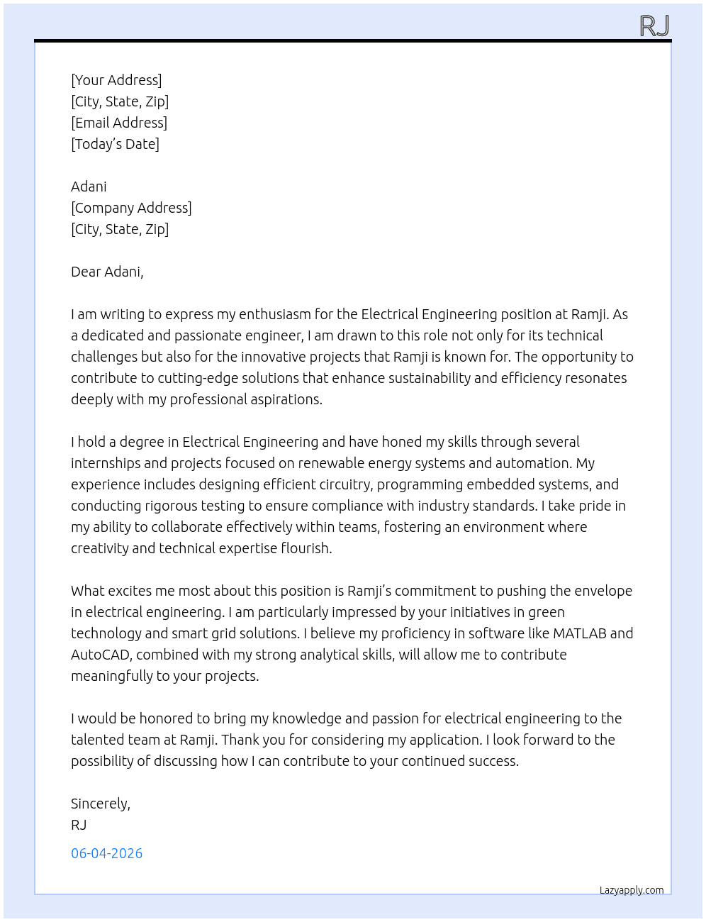 Electrical engineering  At Ramji Cover Letter