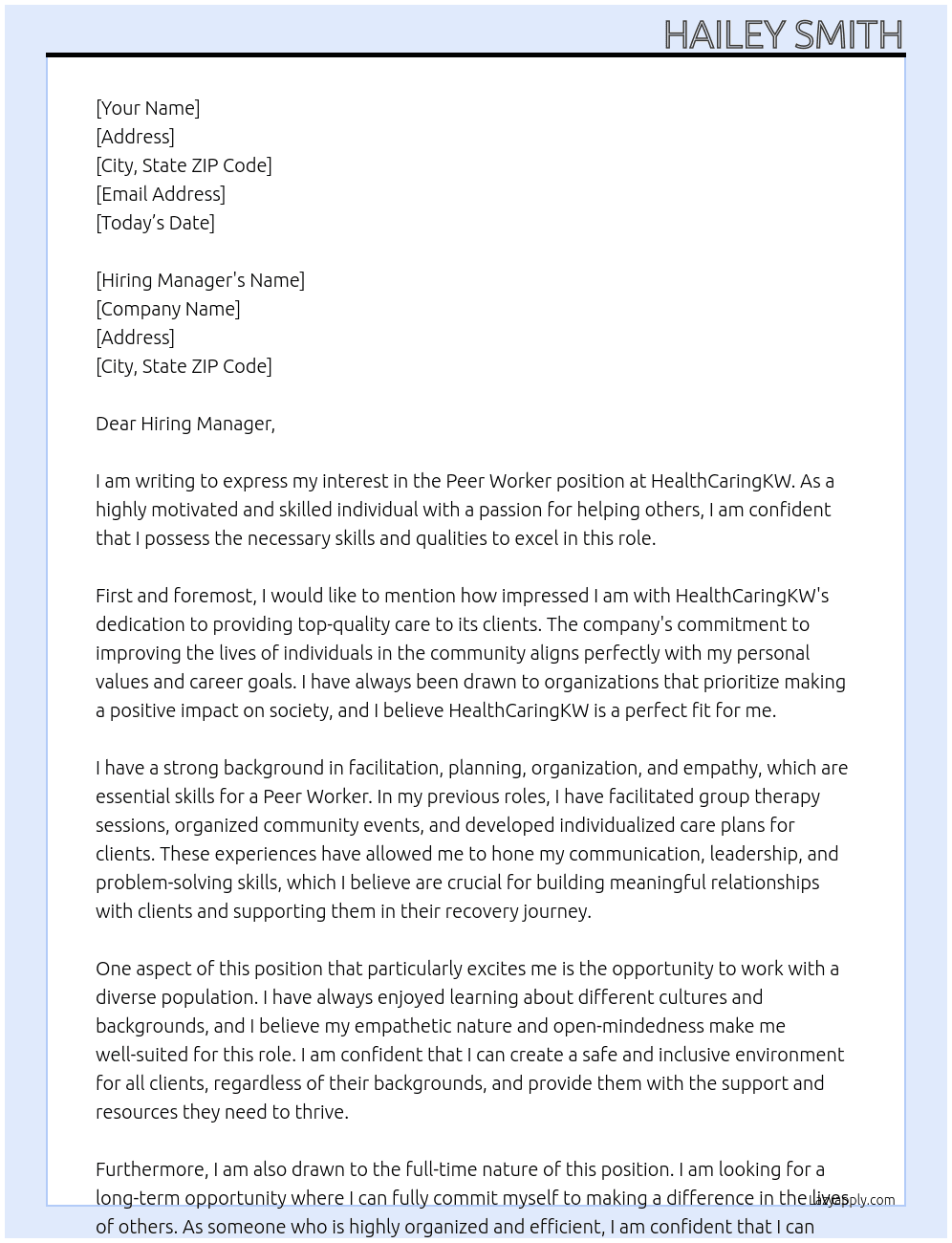 Peer Worker At HealthCaringKW Cover Letter