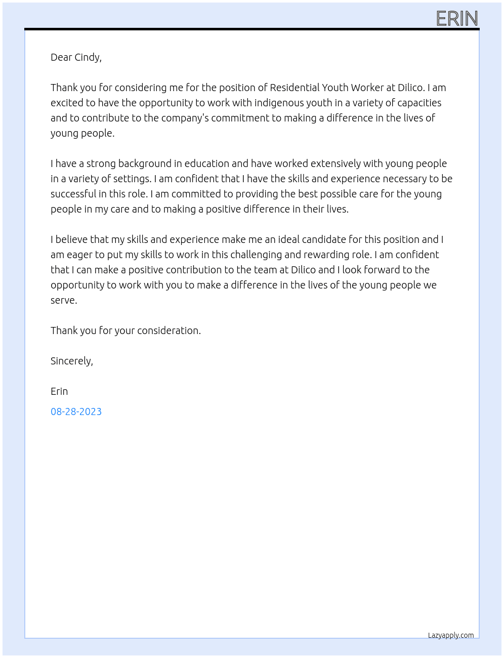 Residential Youth Worker At Dilico Cover Letter