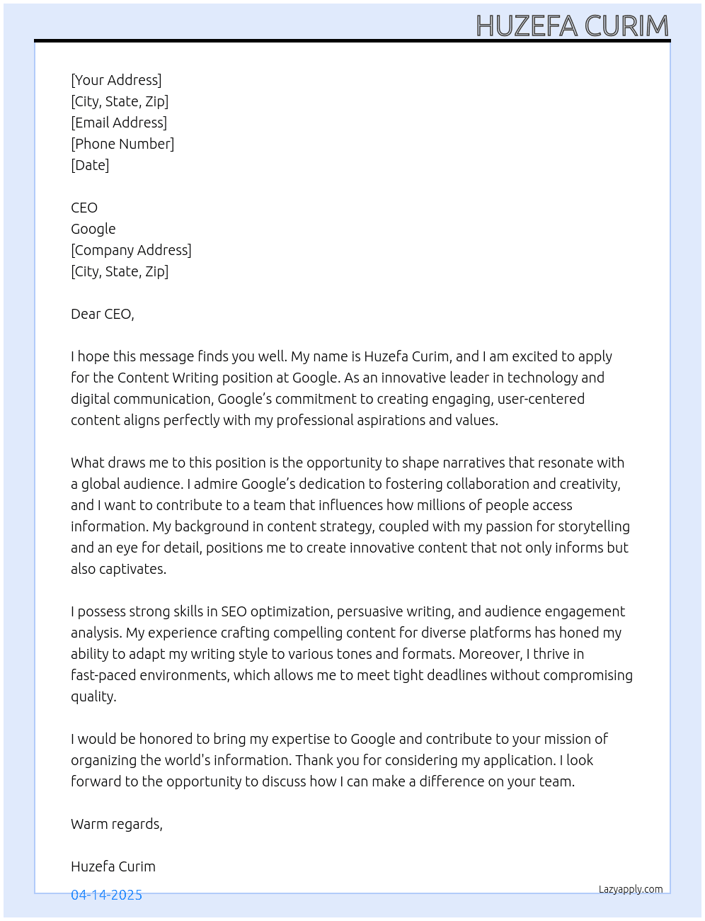 Cover letter for content writing - LazyApply