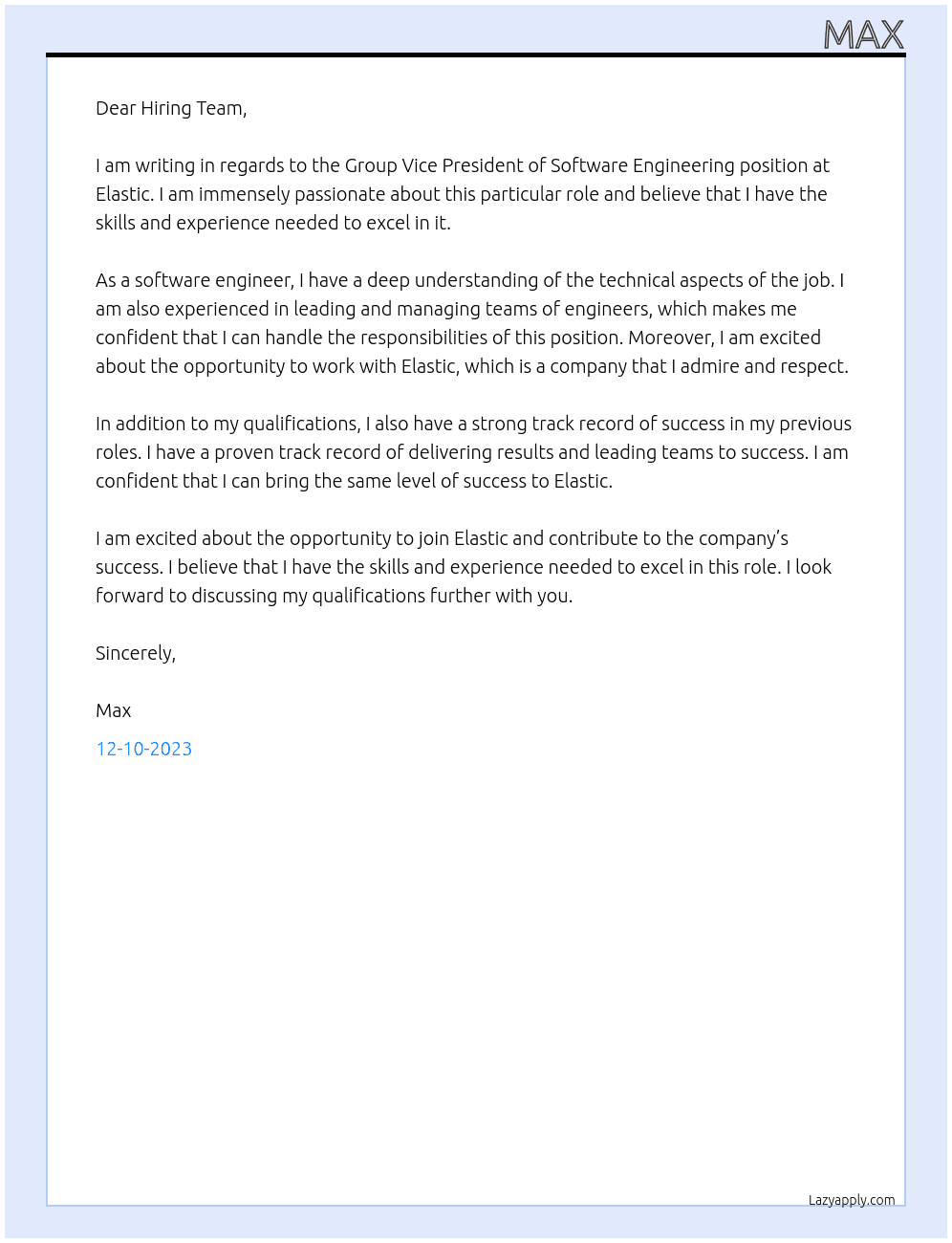 Group Vice President of Software Engineering At Elastic Cover Letter