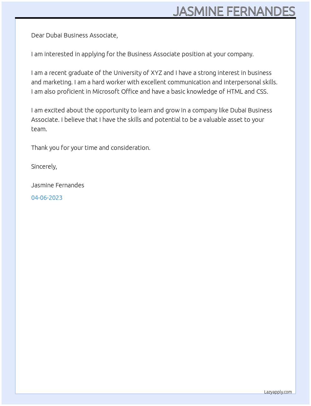 Business Associate At Dubai Business Associate Cover Letter
