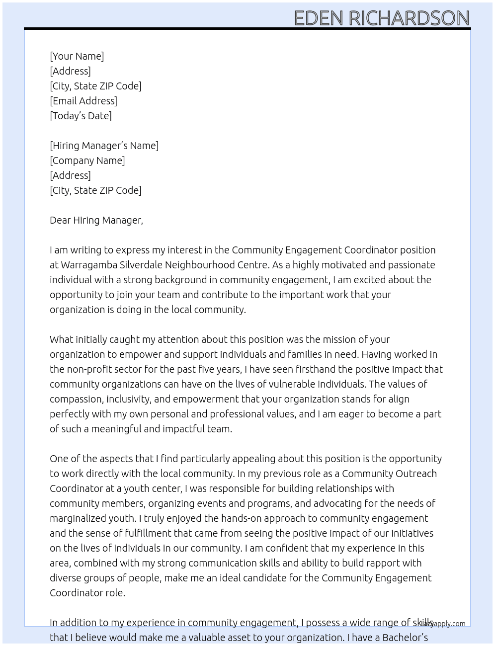 Community Engagement Coordinator  At Warragamba Silverdale Neighbourhood Centre Cover Letter
