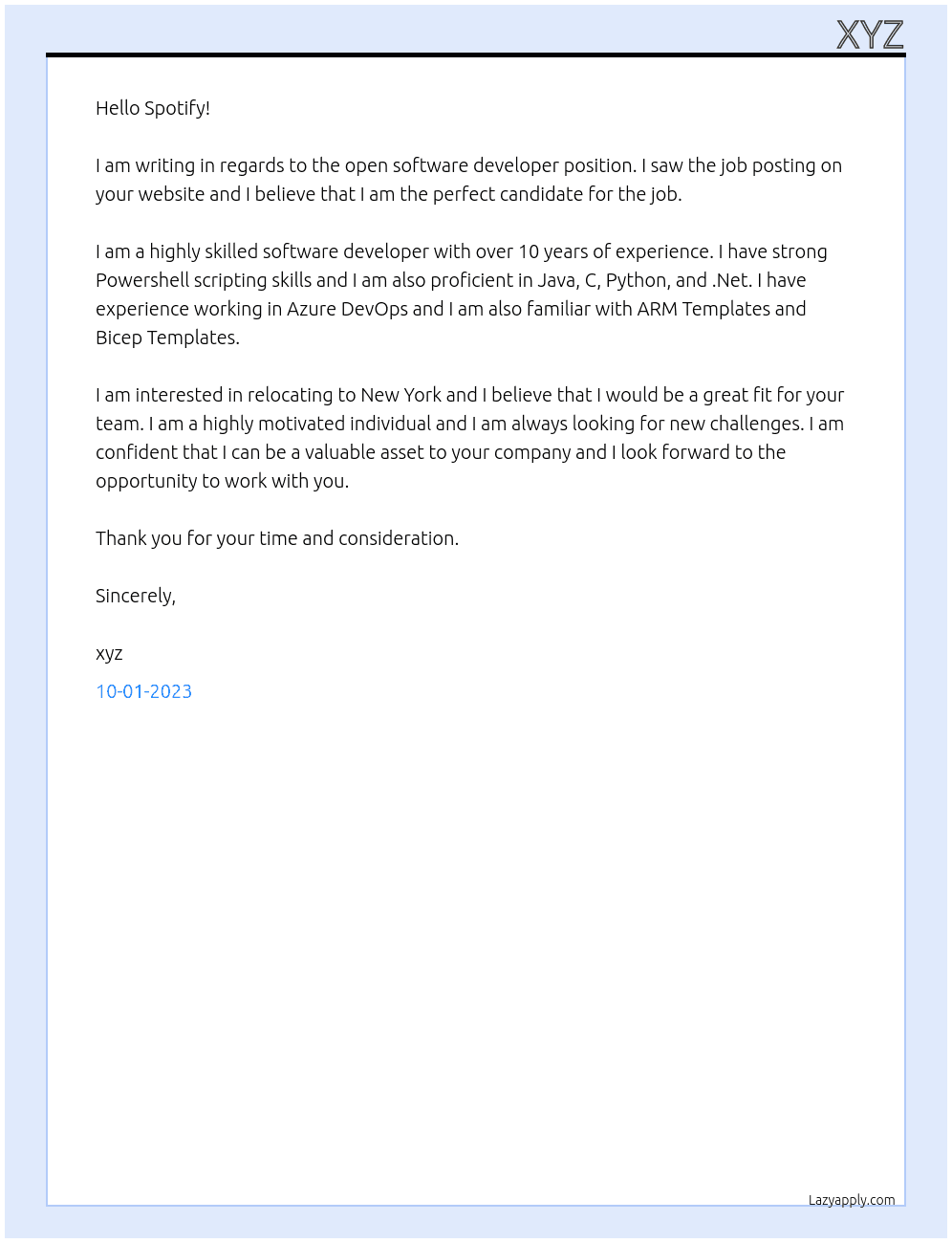 Software developer At Spotify Cover Letter