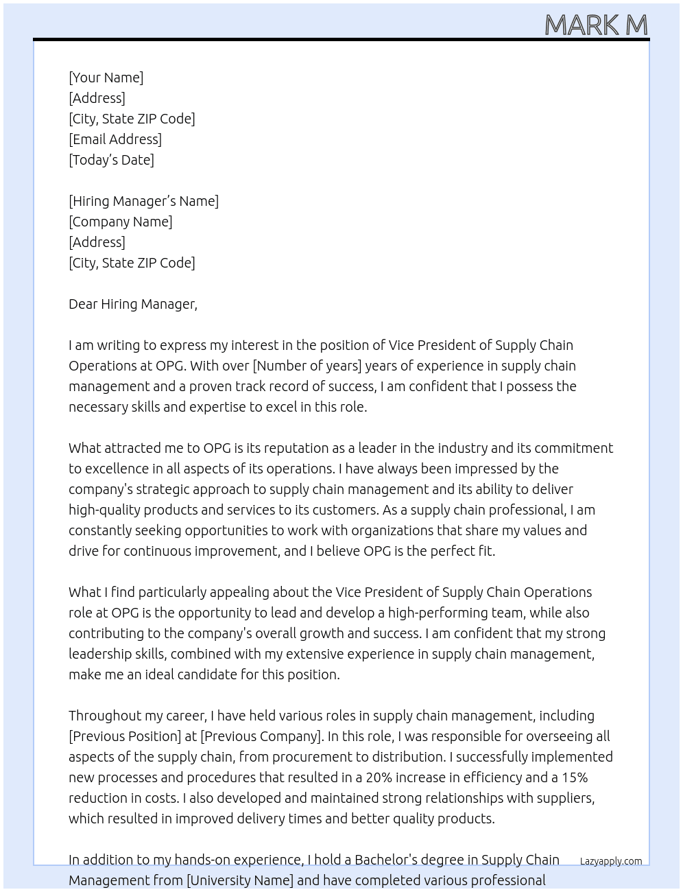 Vice President Supply Chain Operations At OPG Cover Letter