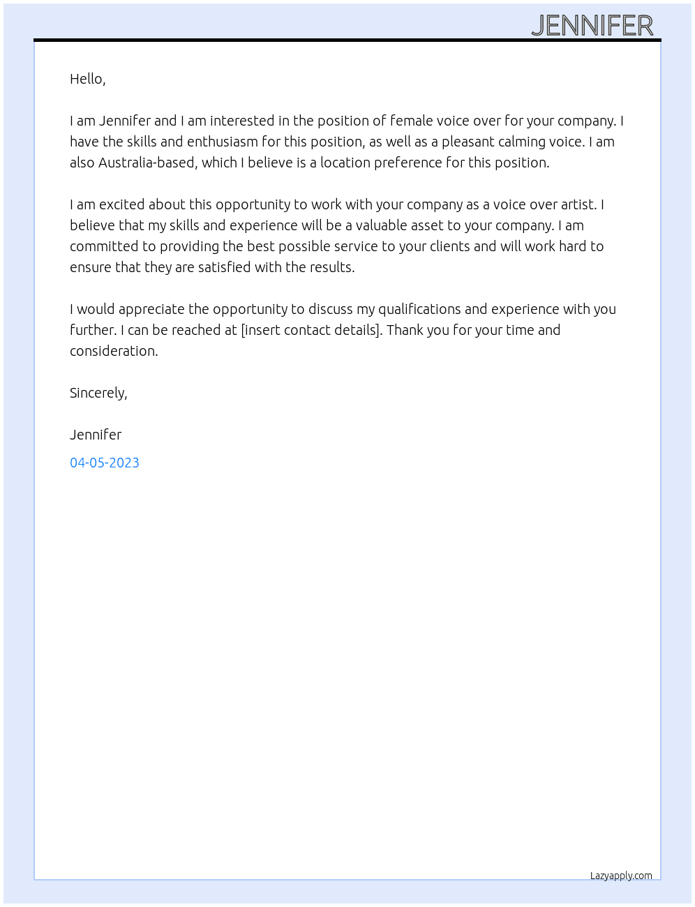 Female voice over At Voice over job Cover Letter