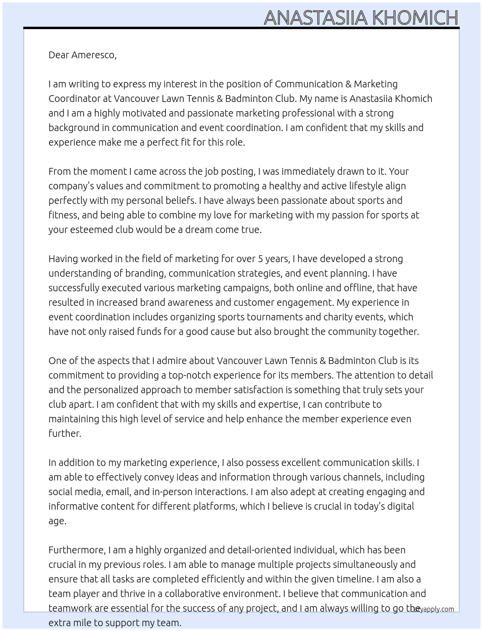 Communication & Marketing Coordinator At Vancouver Lawn Tennis & Badminton Club Cover Letter