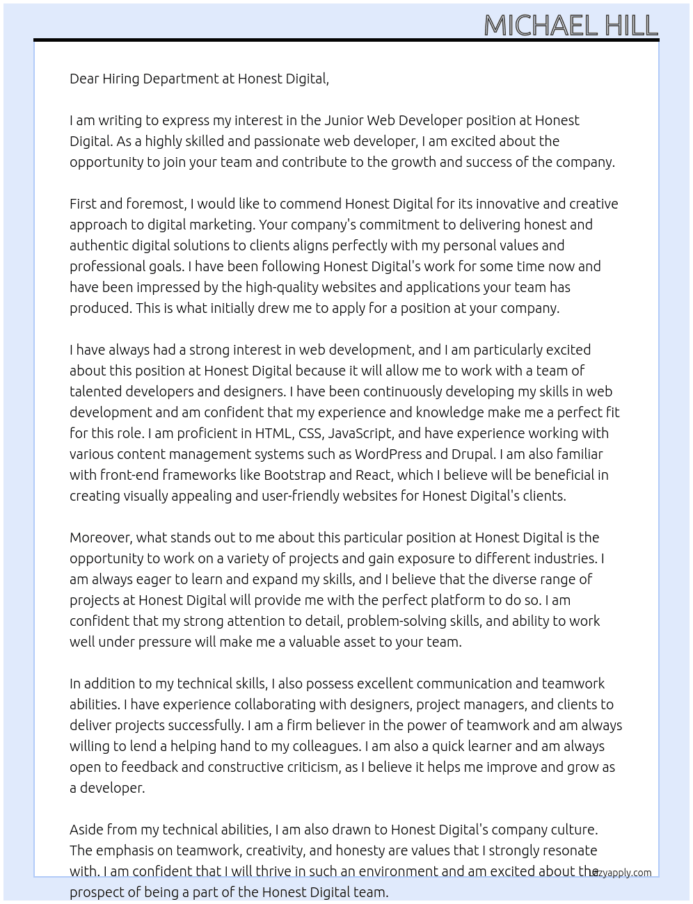 Junior Web Developer At Honest Digital Cover Letter