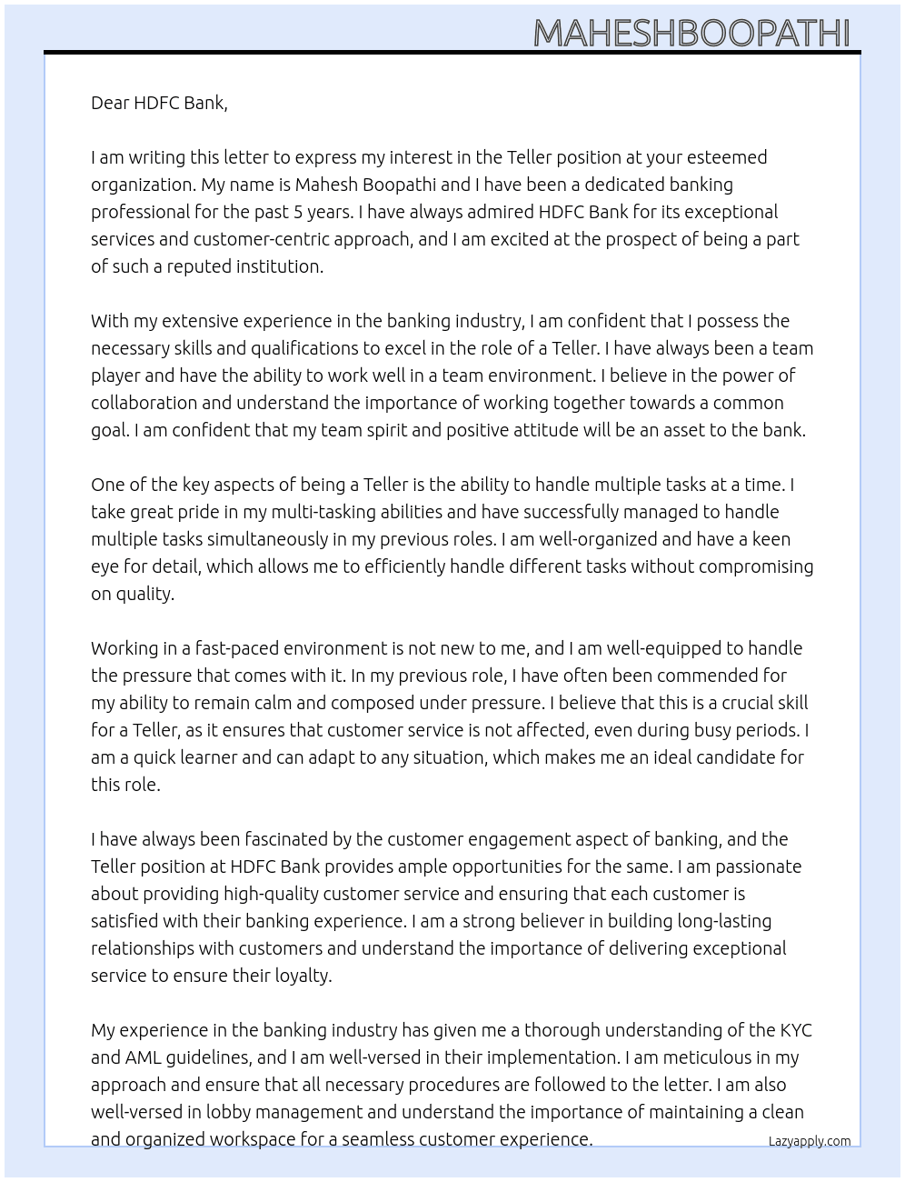 Teller At HDFC Bank Cover Letter