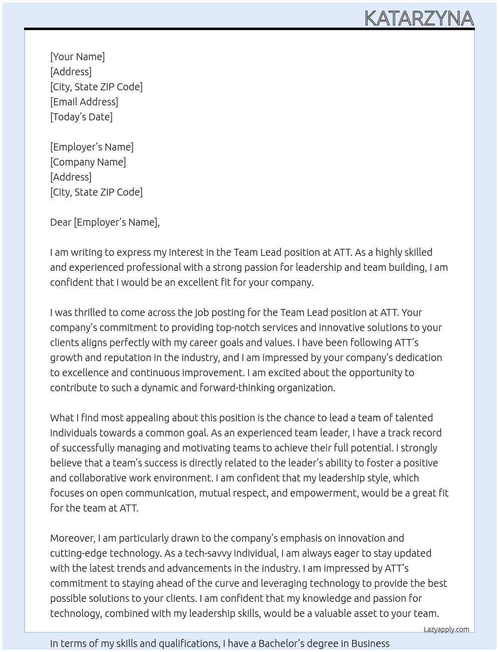 Team lead At ATT Cover Letter