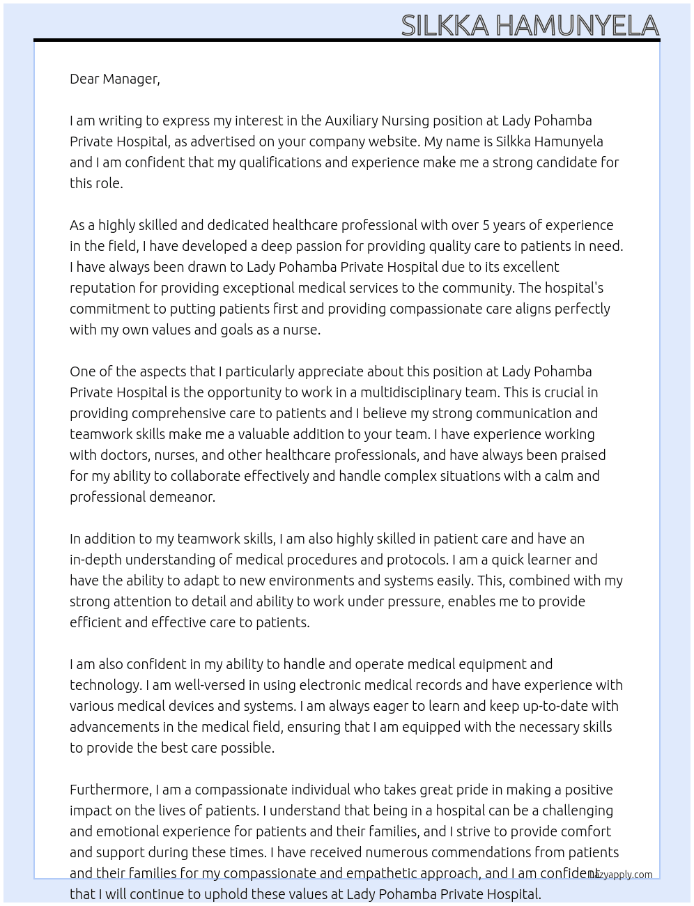 Auxiliary nursing At LADY POHAMBA PRIVATE HOSPITAL Cover Letter