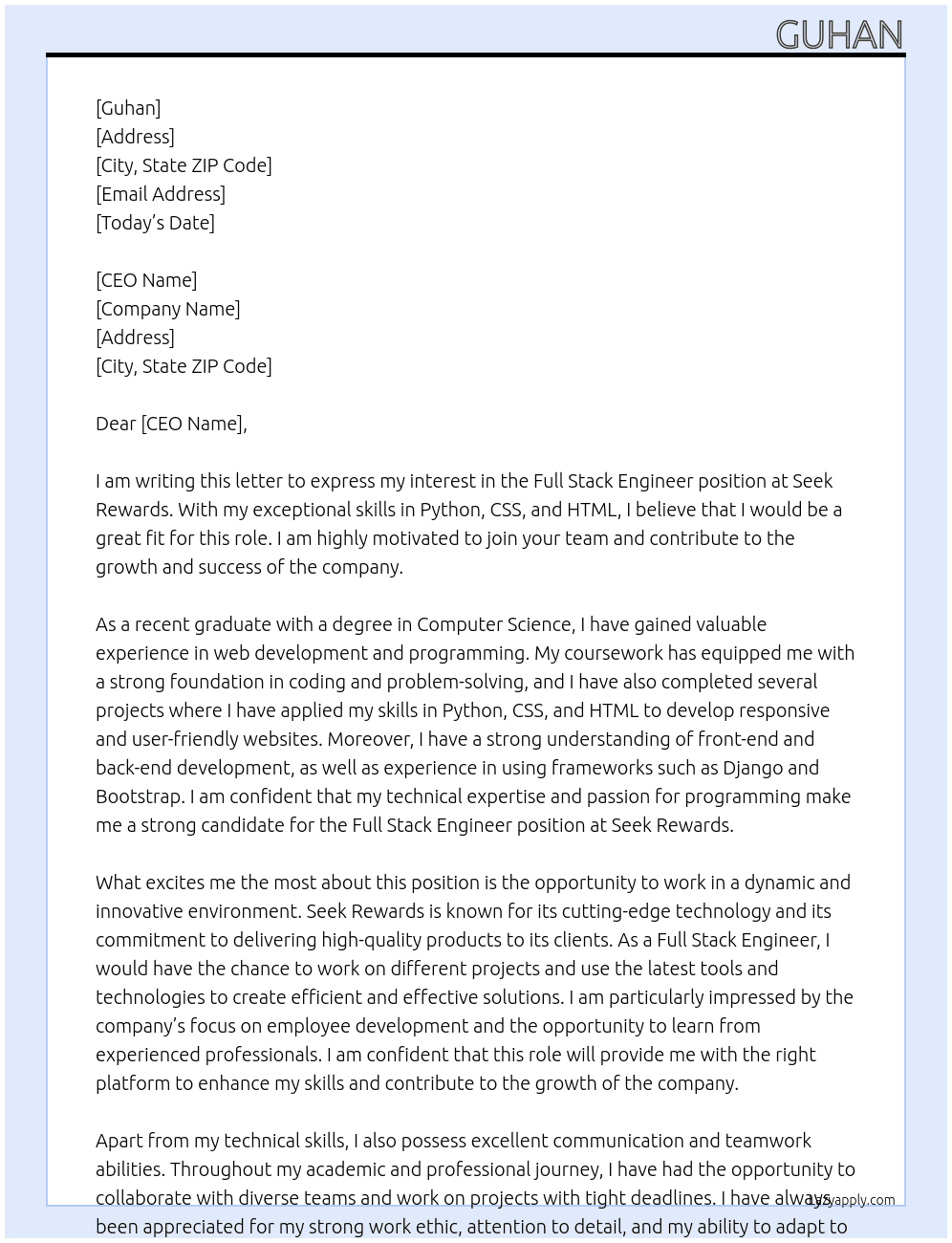 Full stack engineer At Seek rewards Cover Letter