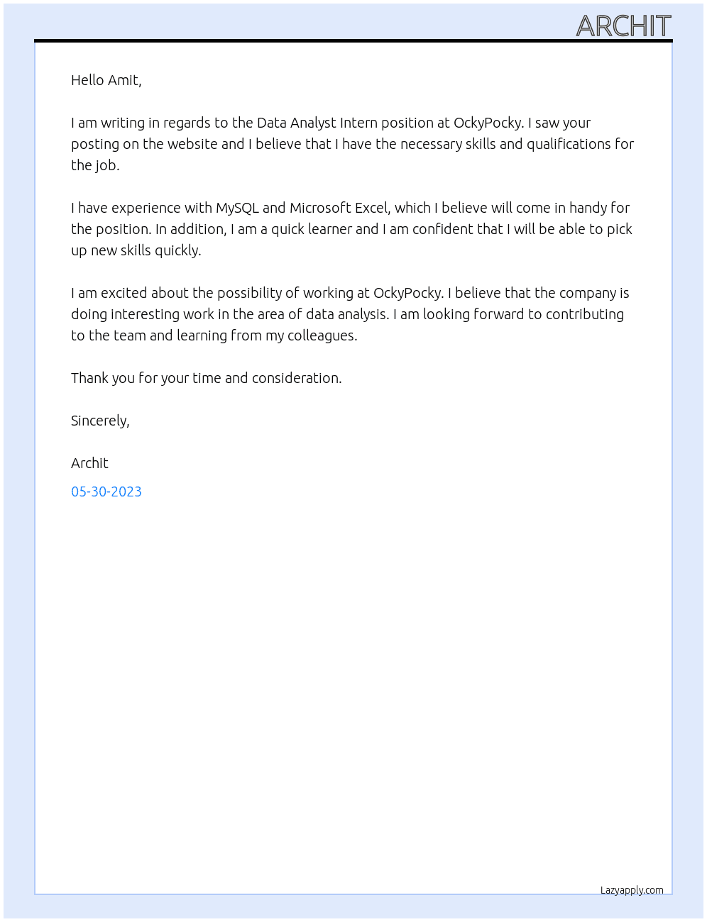 Data Analyst Intern At OckyPocky Cover Letter