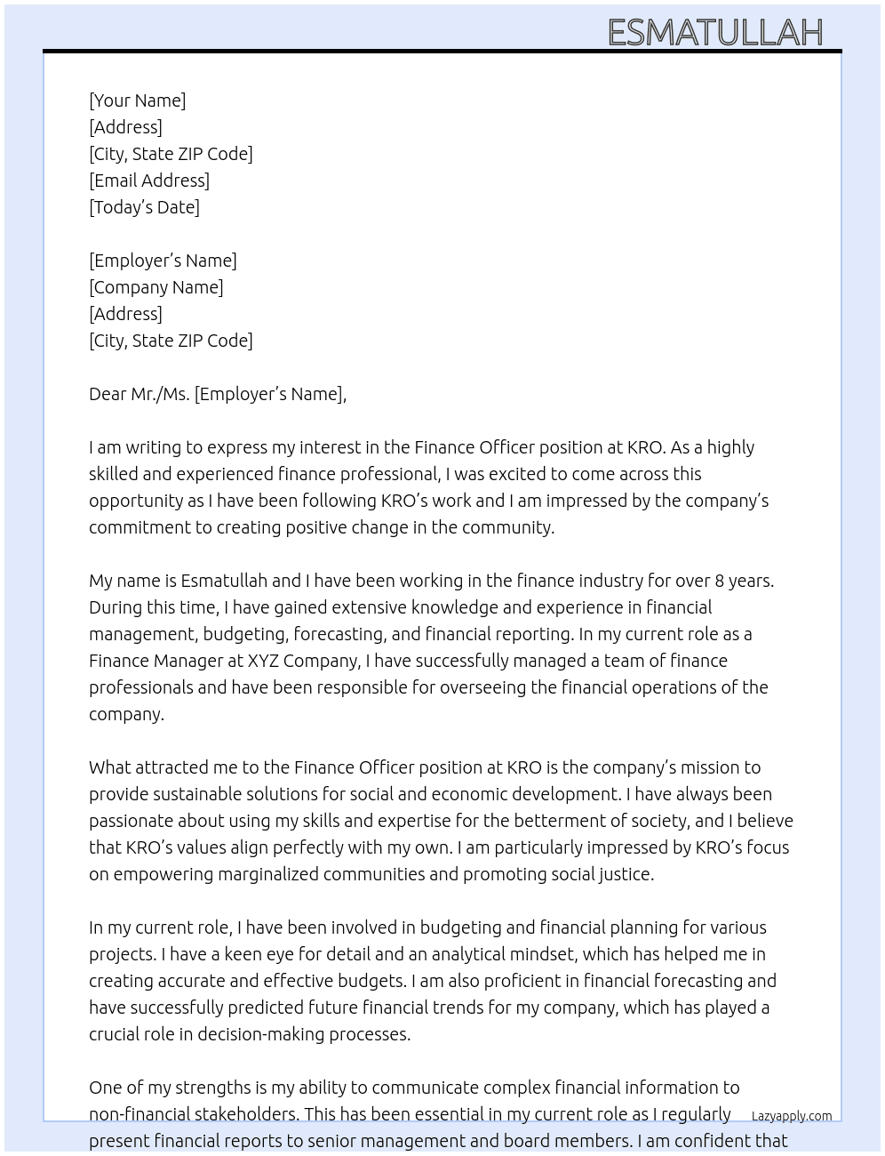 Finance Officer At KRO Cover Letter