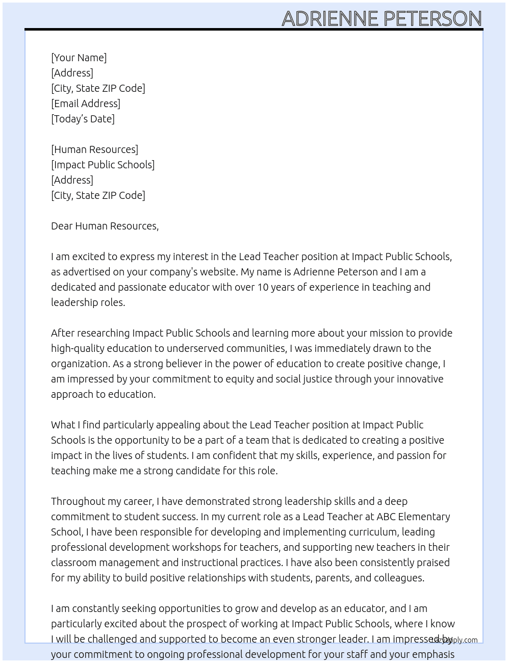 Lead Teacher At Impact Public Schools Cover Letter