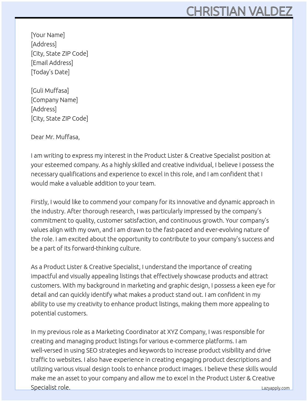 Product Lister & Creative Specialist At to your company Cover Letter