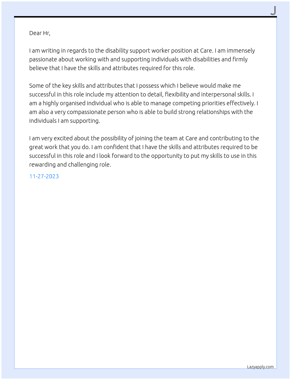 Disability support worker At Care Cover Letter