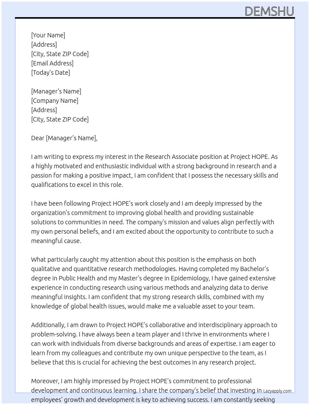 Research associate  At Project HOPE Cover Letter
