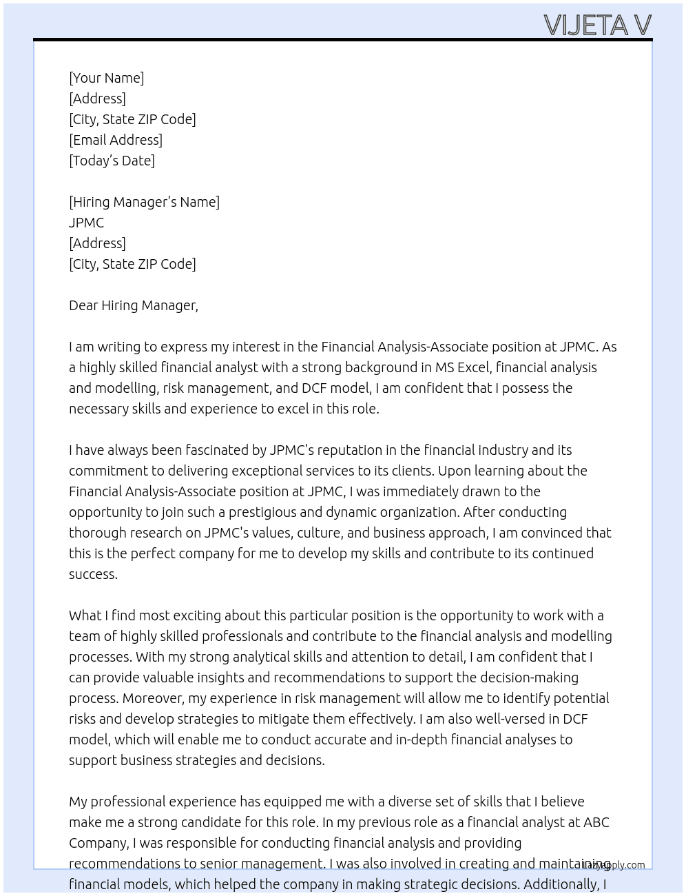 Financial Analysis-Associate At JPMC Cover Letter