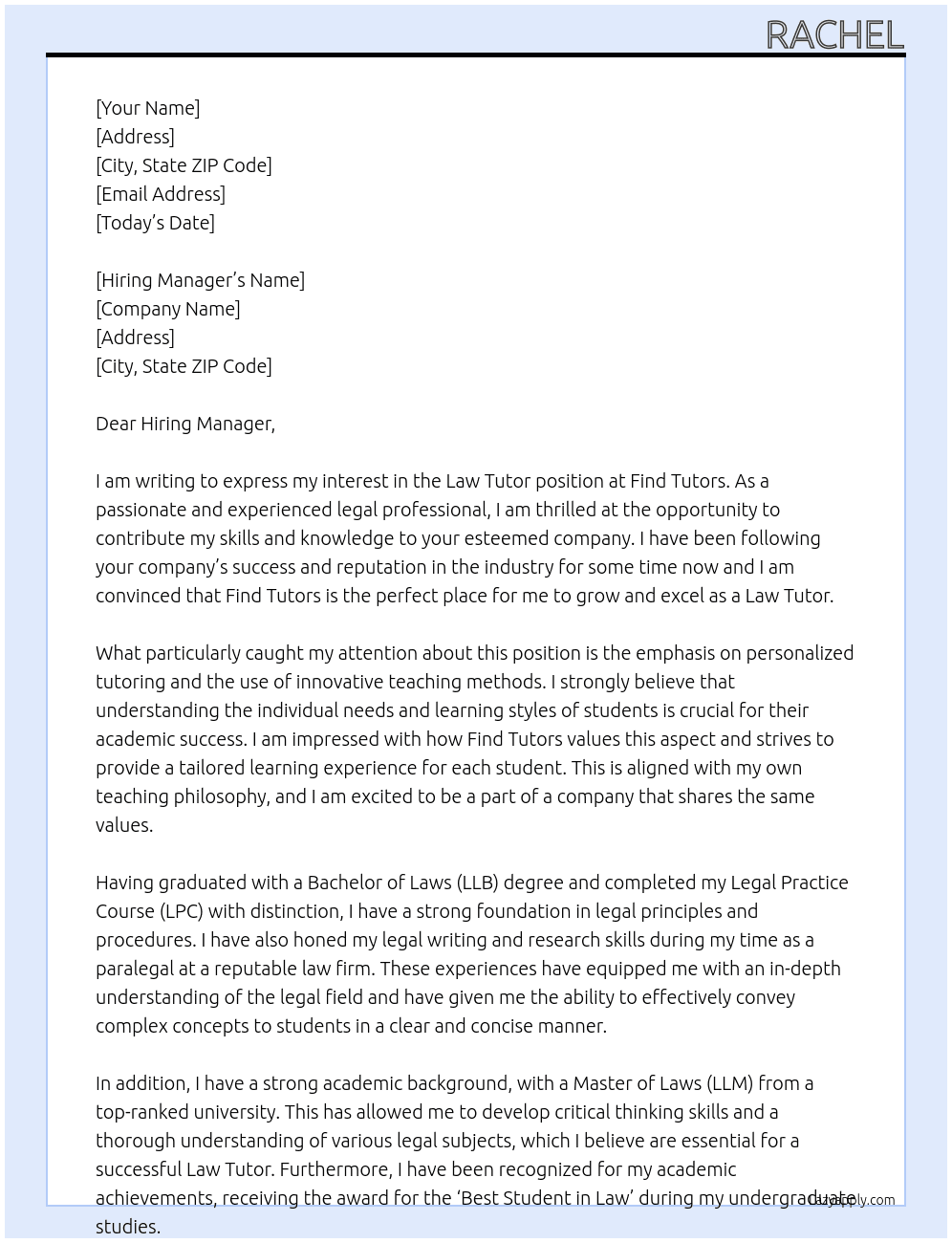 Law Tutor At Find Tutors Cover Letter
