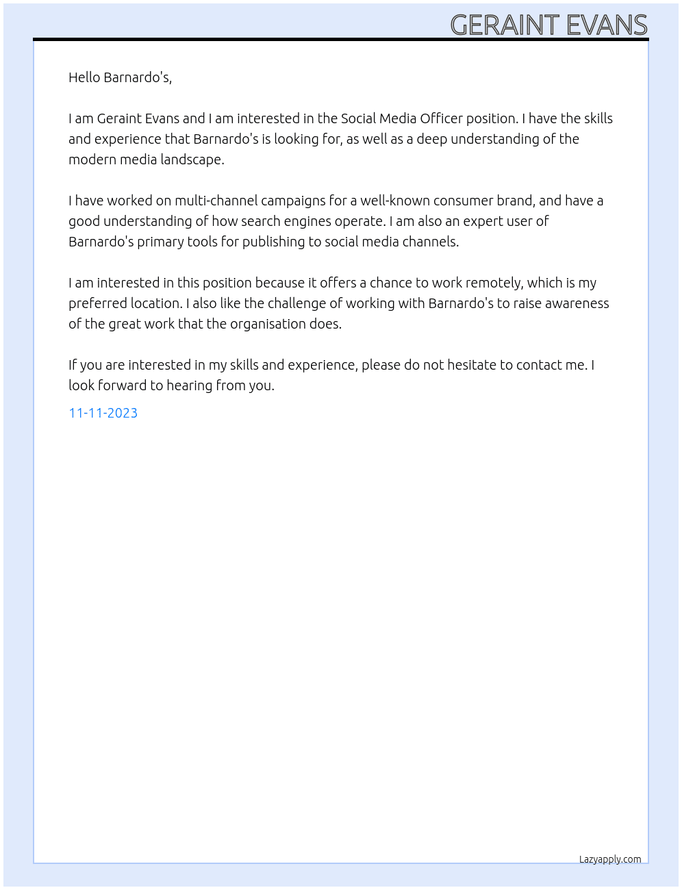 Social Media Officer At Barnardo's Cover Letter
