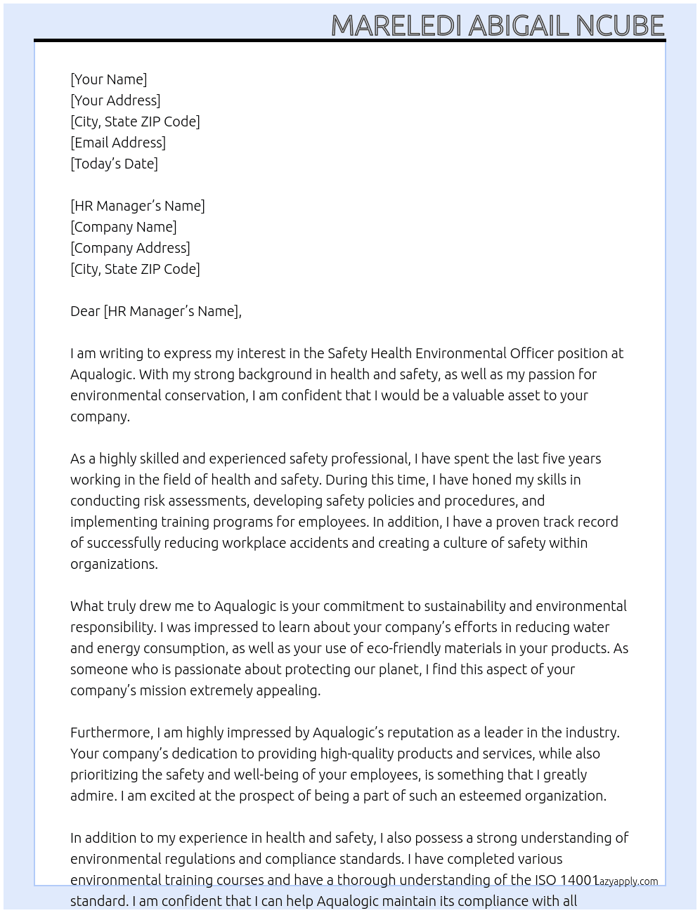 Safety Health Environmental Officer  At Aqualogic Cover Letter