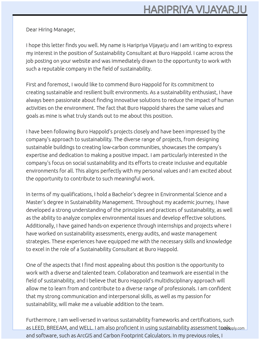 Sustainability Consultant At Buro Happold Cover Letter