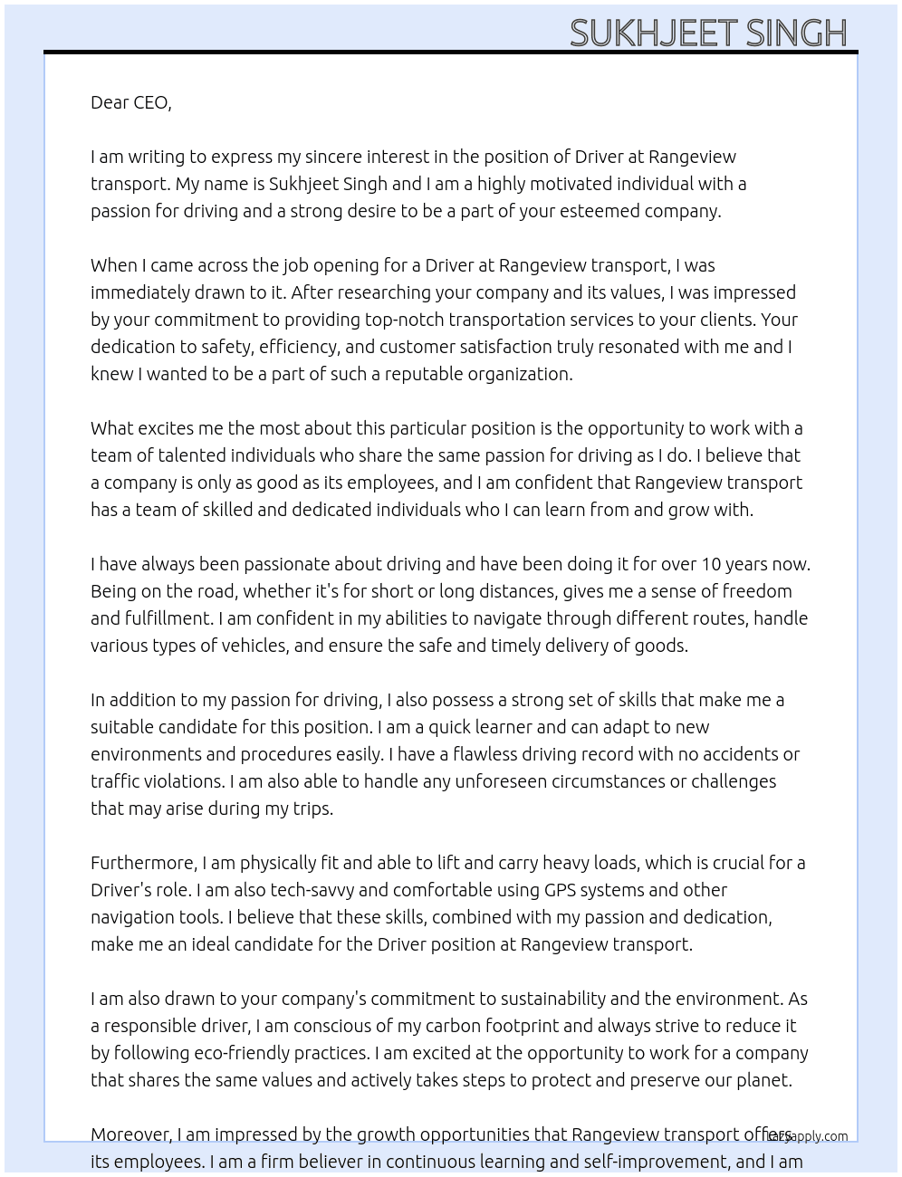 Driver  At Rangeview transport  Cover Letter