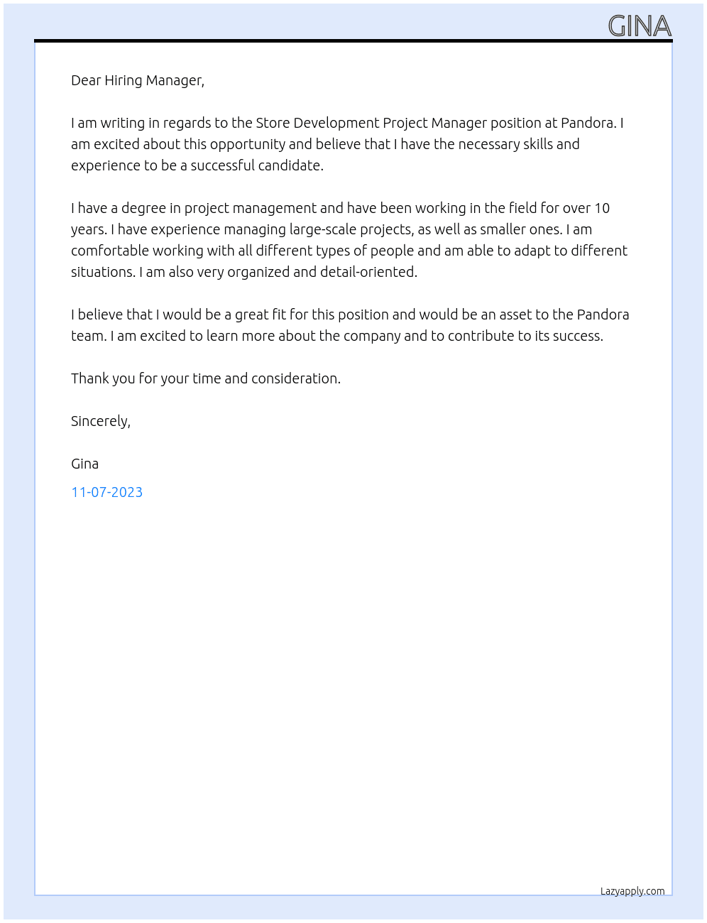 Store Development Project Manager At Pandora Cover Letter