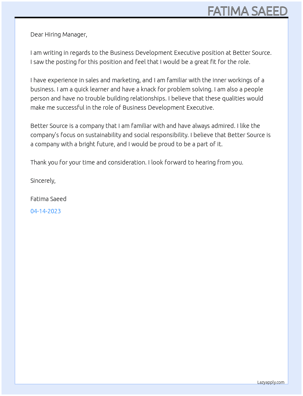 Business Development Executive At Better Source Cover Letter