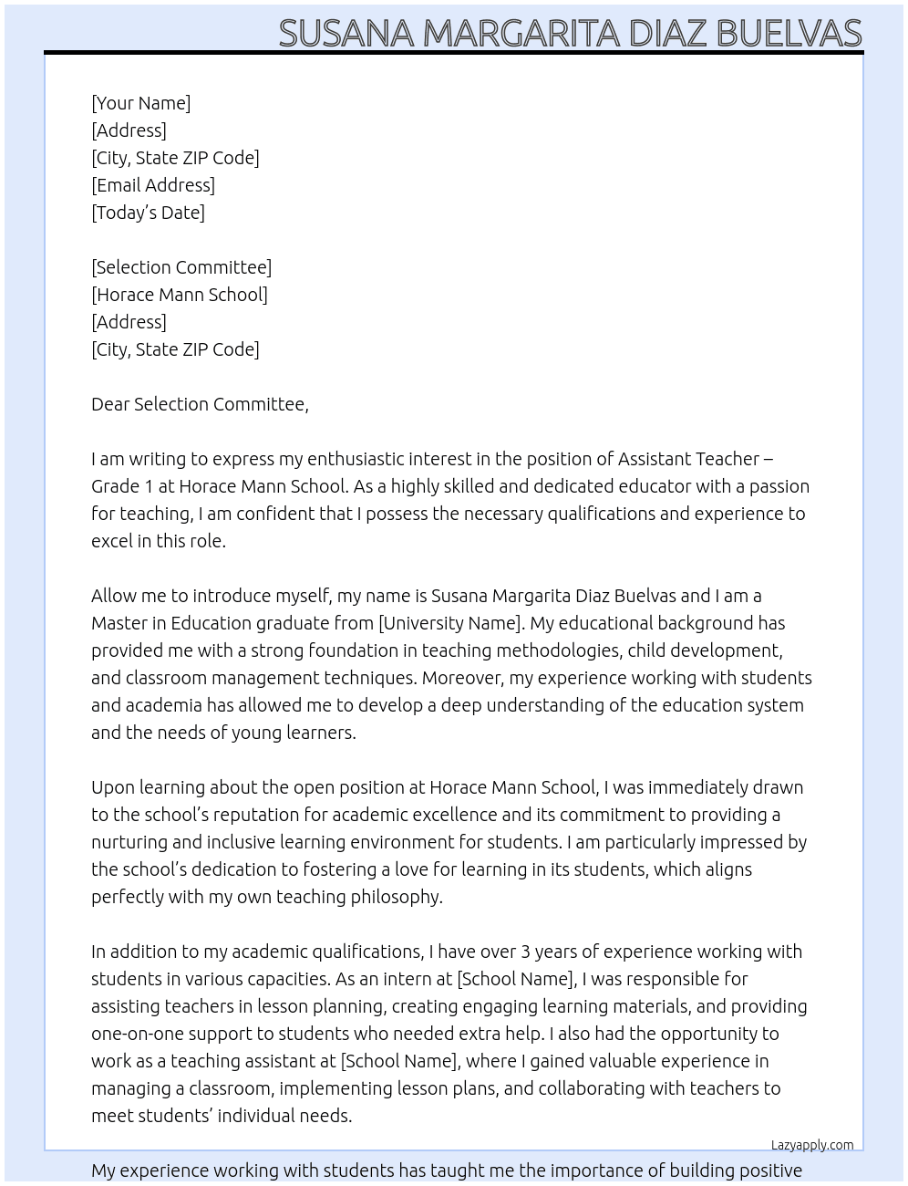 Assistant Teacher – Grade 1 - At HORACE MANN SCHOOL Cover Letter