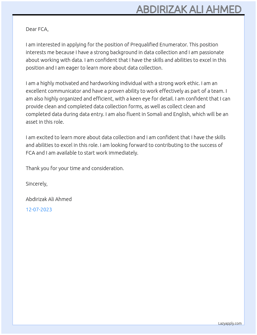 Prequalified Enumerator  At FCA Cover Letter