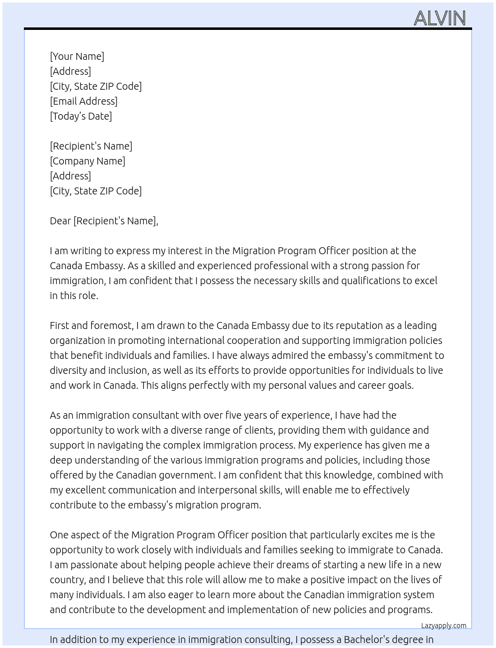 migratiion program officer At canada embassy  Cover Letter