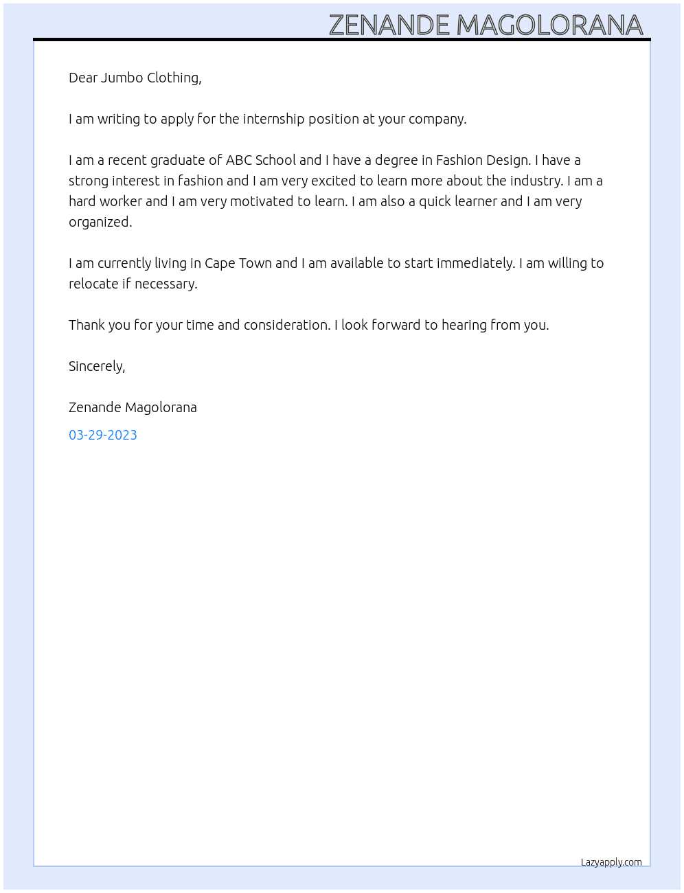 Internship  At Jumbo clothing  Cover Letter