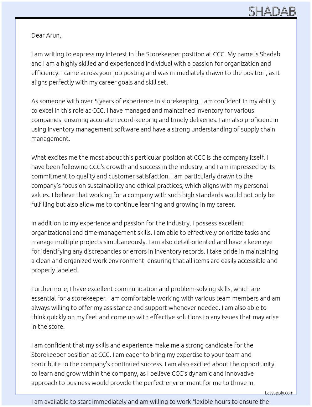 Storekeeper At ccc Cover Letter
