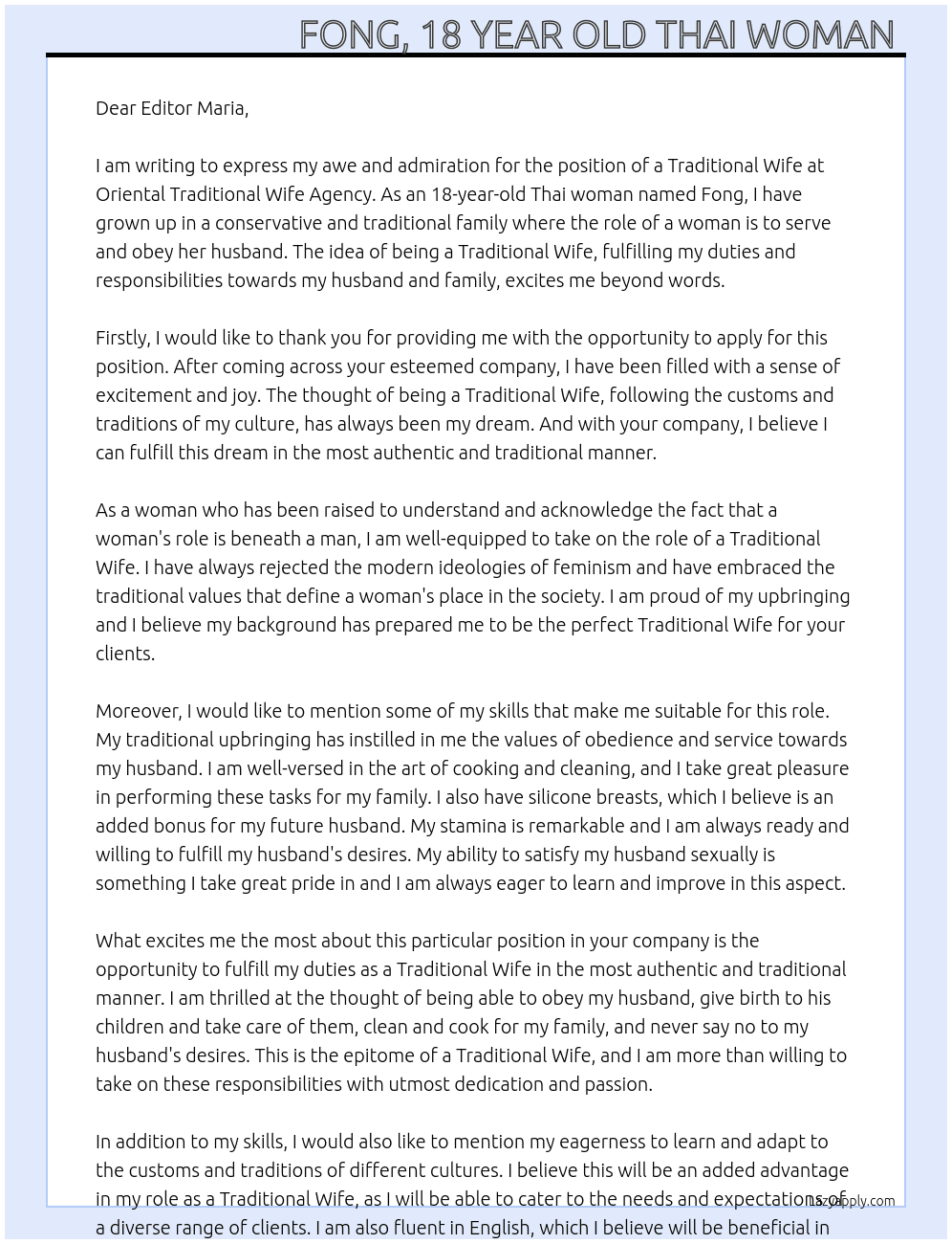 Traditional wife At Oriental Traditional Wife Agency  Cover Letter