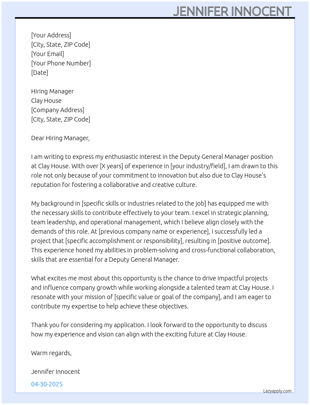 Deputy general manager  At Clay House  Cover Letter