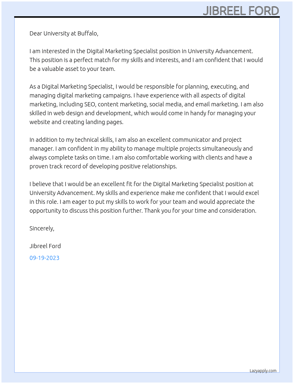Digital Marketing Specialist, University Advancement At University at Buffalo Cover Letter