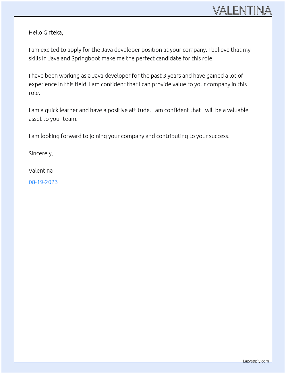 Java developer At Girteka Cover Letter