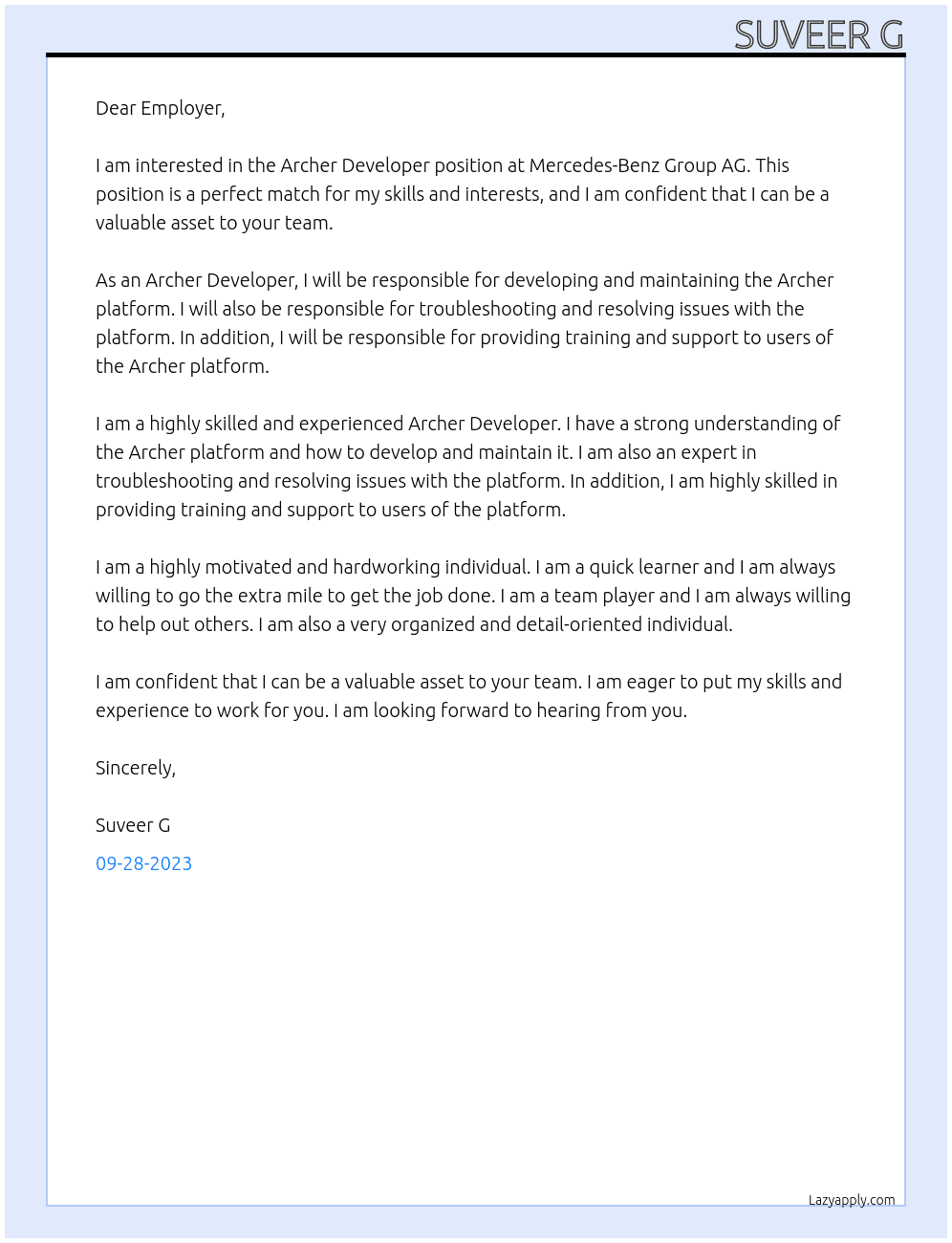 Archer Developer At Mercedes-Benz Group AG Cover Letter