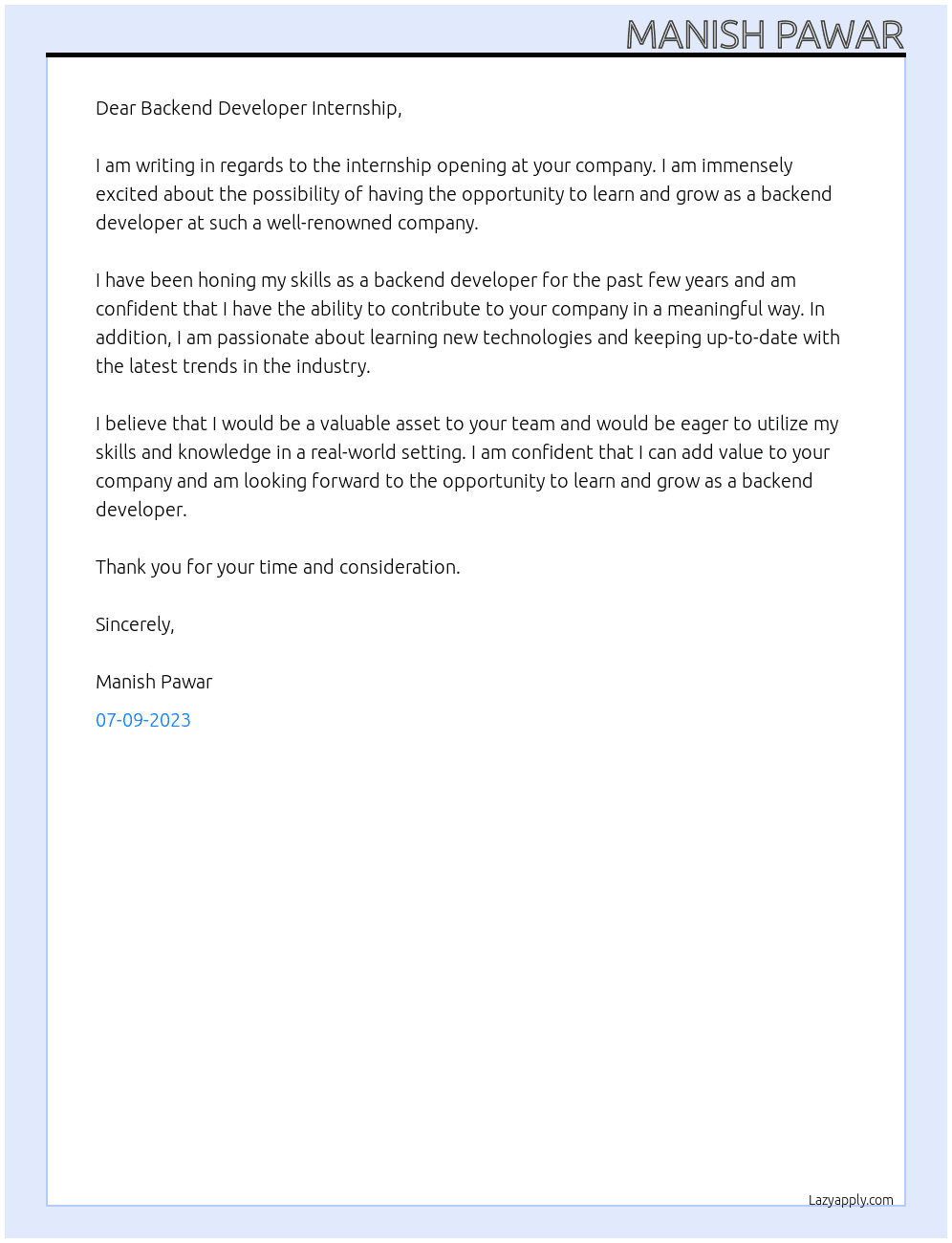 internship At Backend Developer Internship Cover Letter